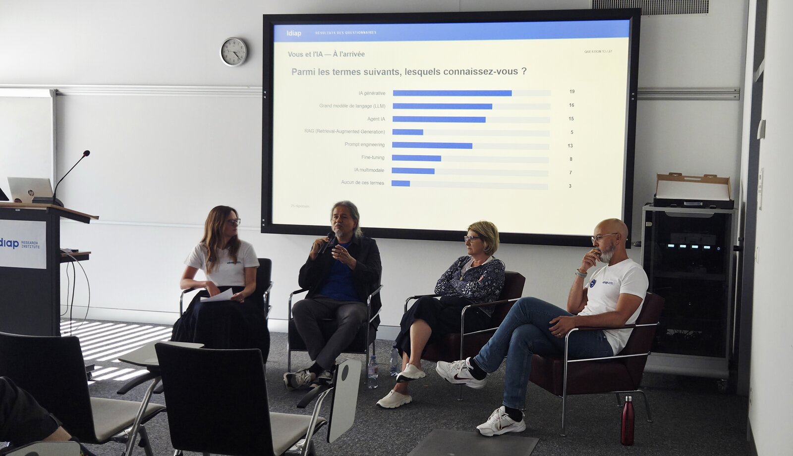 The panel seated in front of a presentation screen